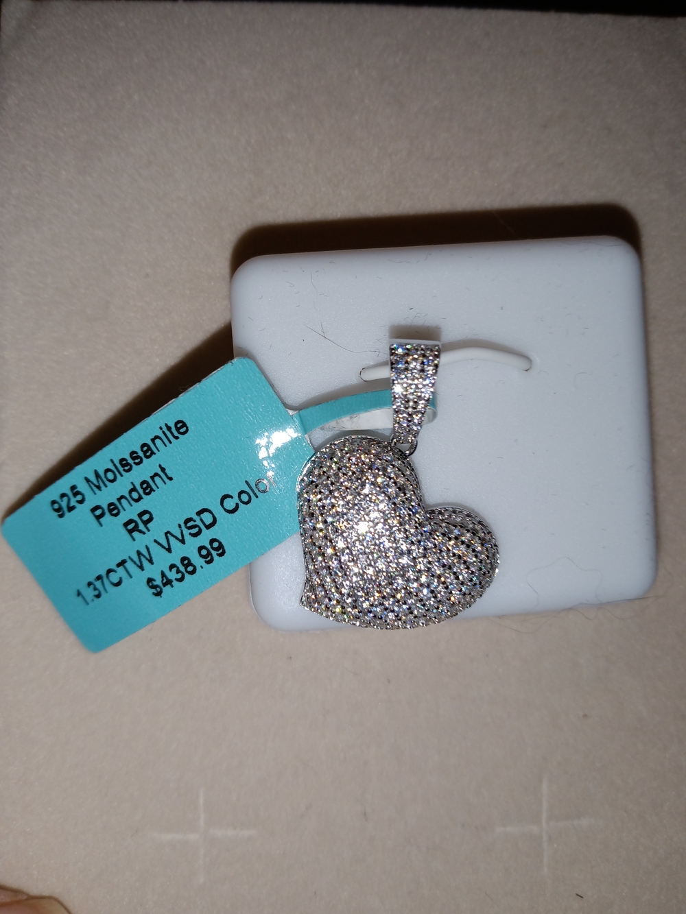 Sterling Silver Puffy Heart Pendant with Clear Stones - 925 Moissanite Pendant